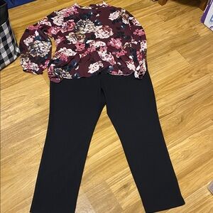 Ellen Tracy size 14 black slacks paired w/ Loft XL blouse; beautiful bundle!